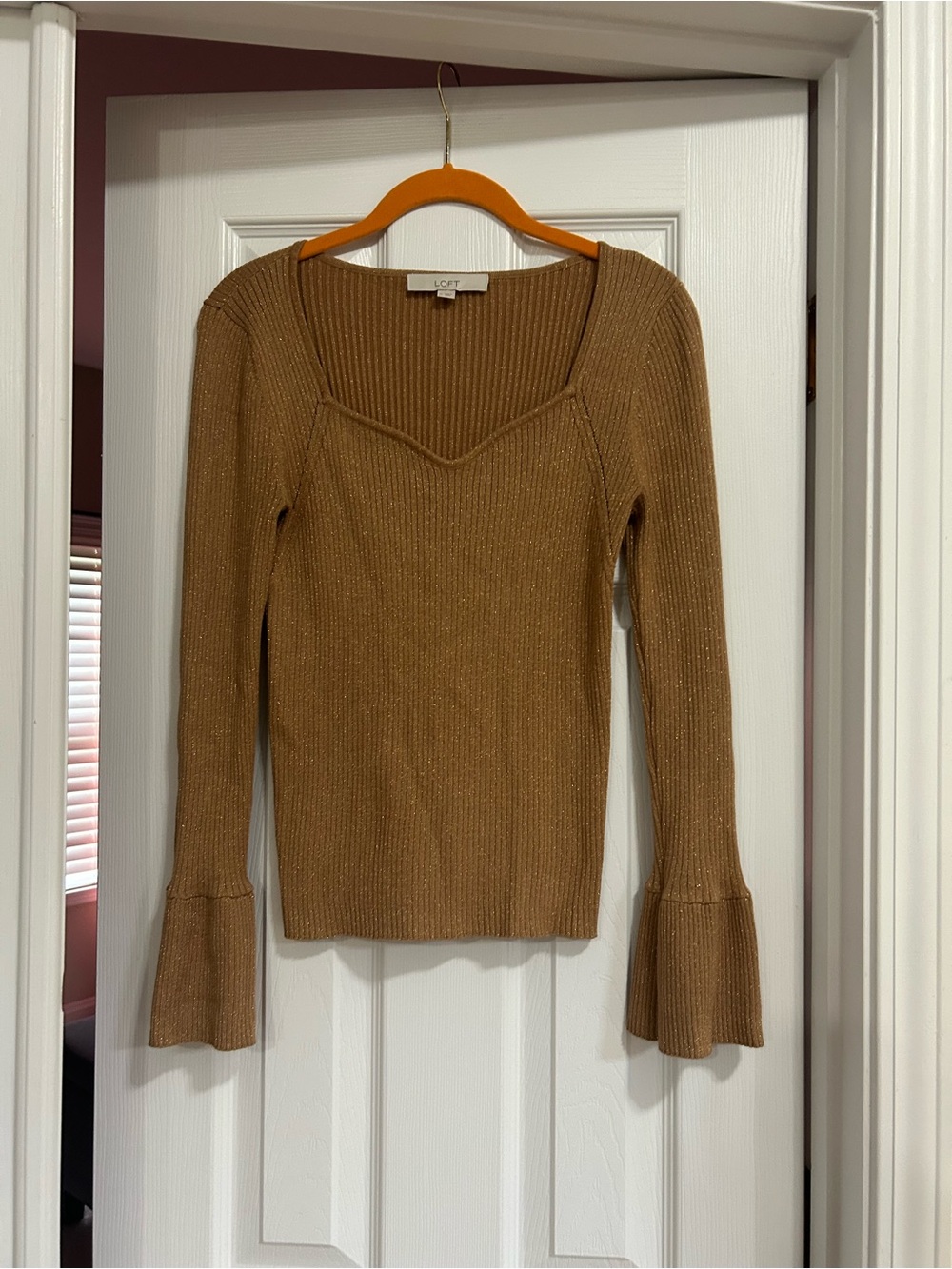 LOFT Medium Brown Sparkly Ribbed Bell Sleeve Knit Top